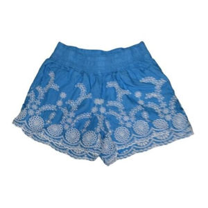 J Crew Blue White Embroidery Eyelet Linen Elastic Waist Shorts Womens XXS
